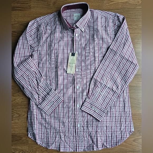 Samuel Windsor Red White Plaid Long Sleeve Mens Medium Button Down Dress Shirt - Picture 3 of 14